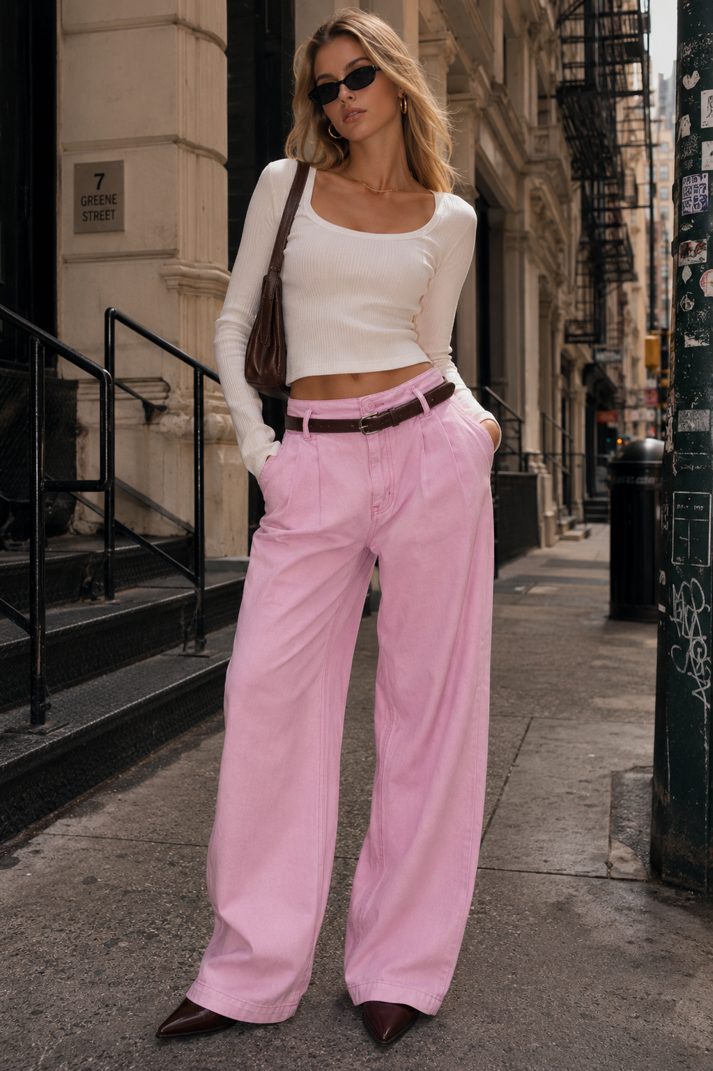 CALÇA SARJA WIDE LEG PREGAS BOHOO COM CINTO