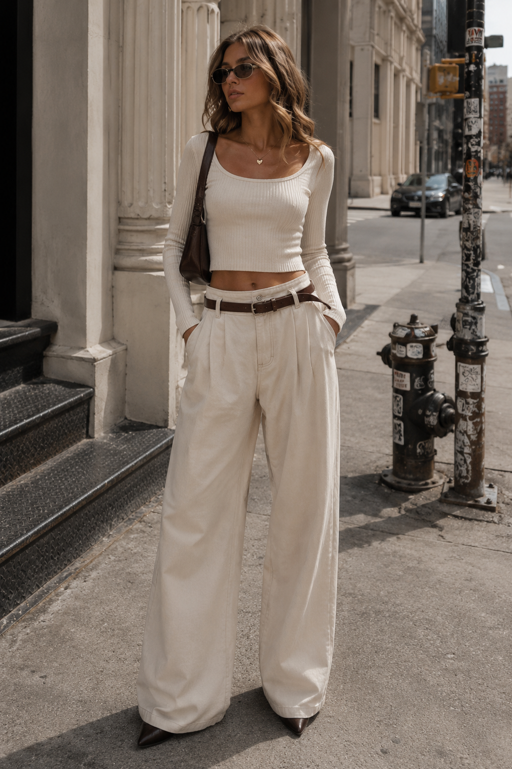 CALÇA SARJA WIDE LEG PREGAS BOHOO COM CINTO